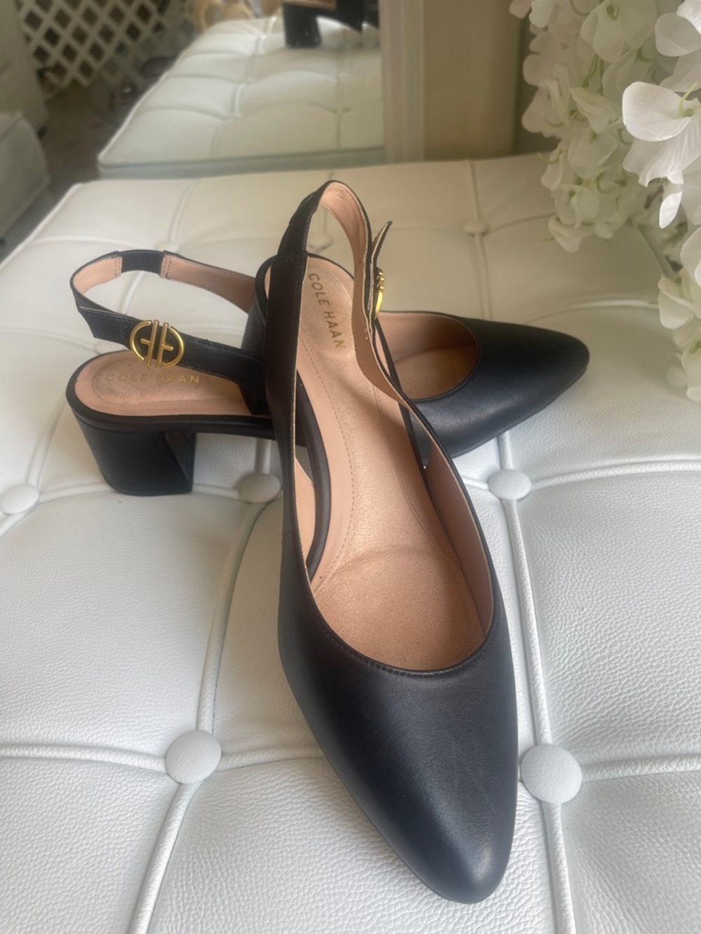 Cole Haan Black Leather Pointed Slingback Block Heels